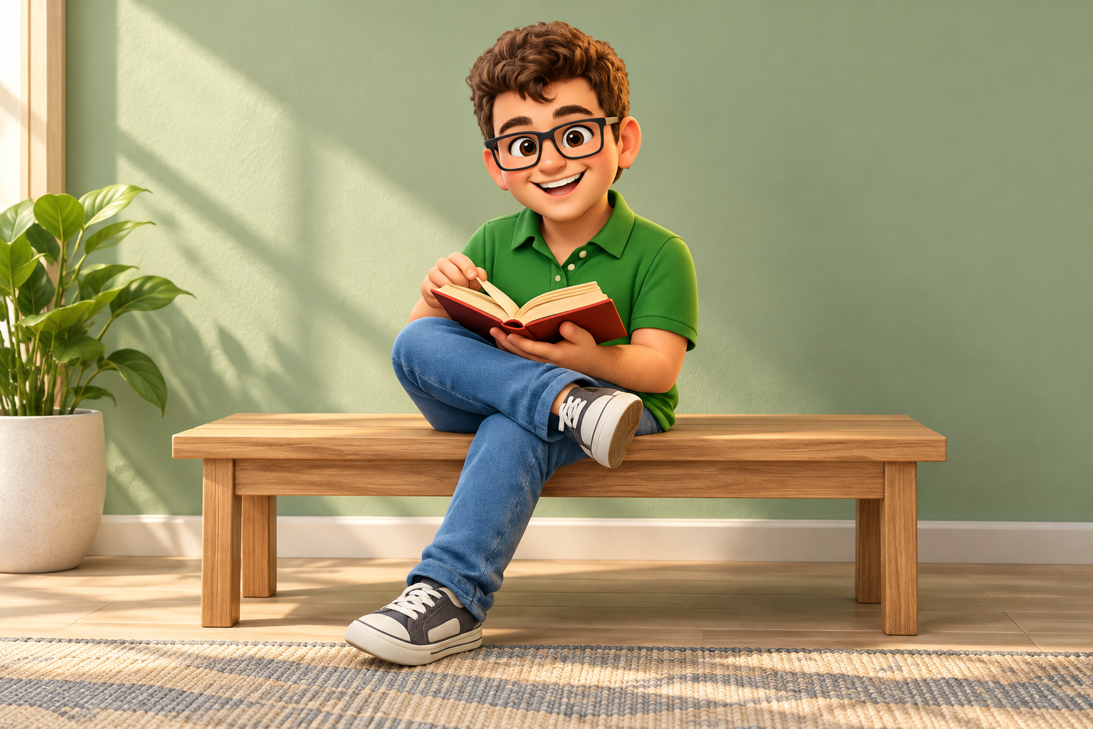 Mascote da HiperTel sentado em um banco de madeira, lendo em um ambiente acolhedor