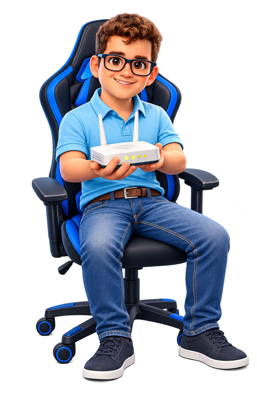 Mascote da HiperTel sorrindo e segurando um roteador Wi-Fi