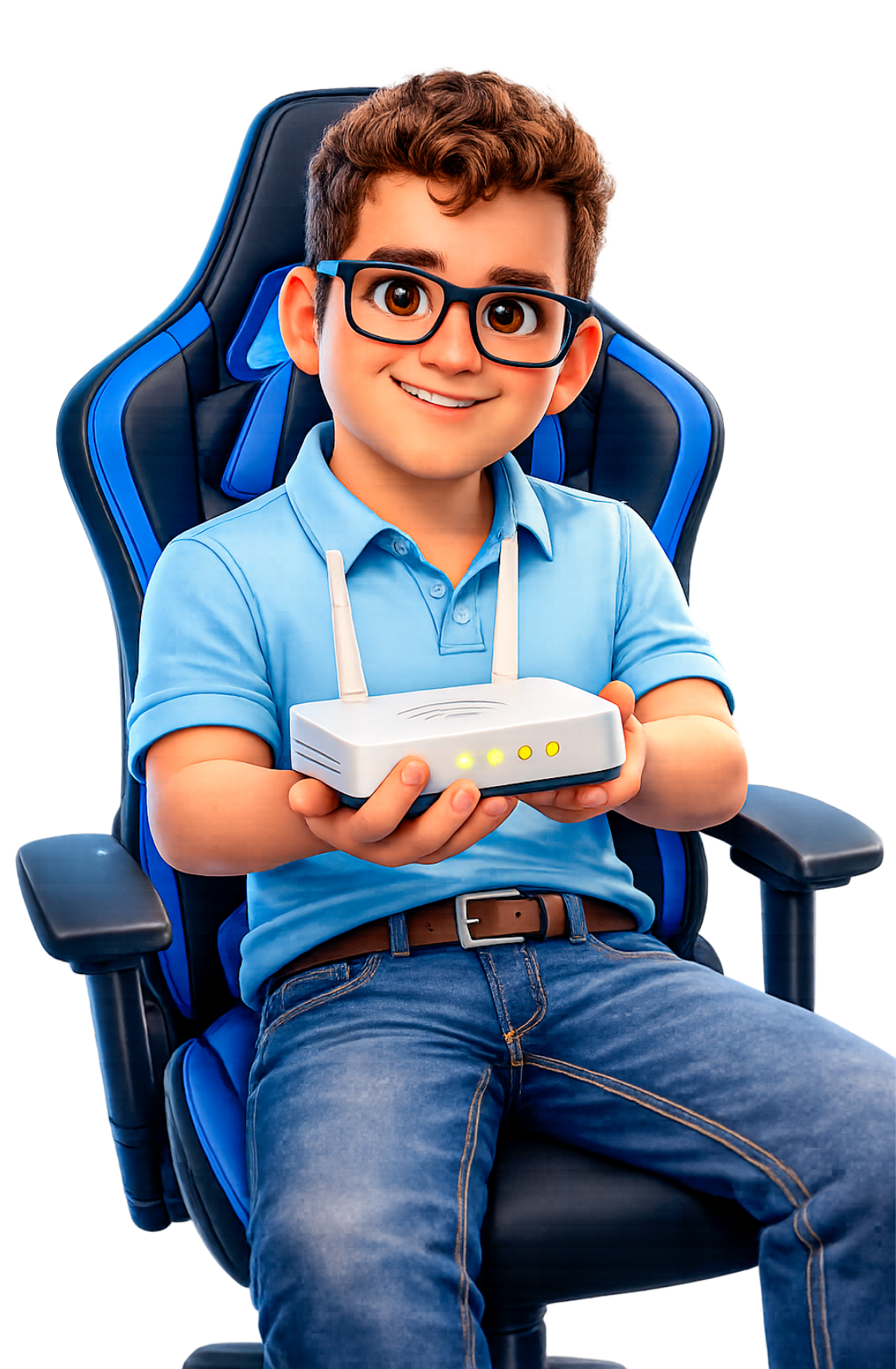 Mascote da HiperTel sorrindo e segurando um roteador Wi-Fi